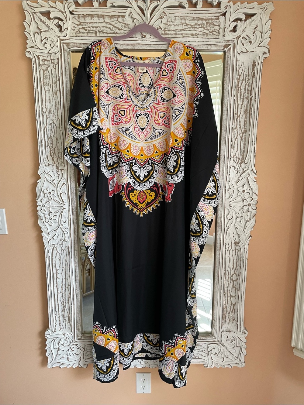 Black Maxi Caftan Poly Paisley Medallion Resort Wear Lounge Via Plus size 1X-4X